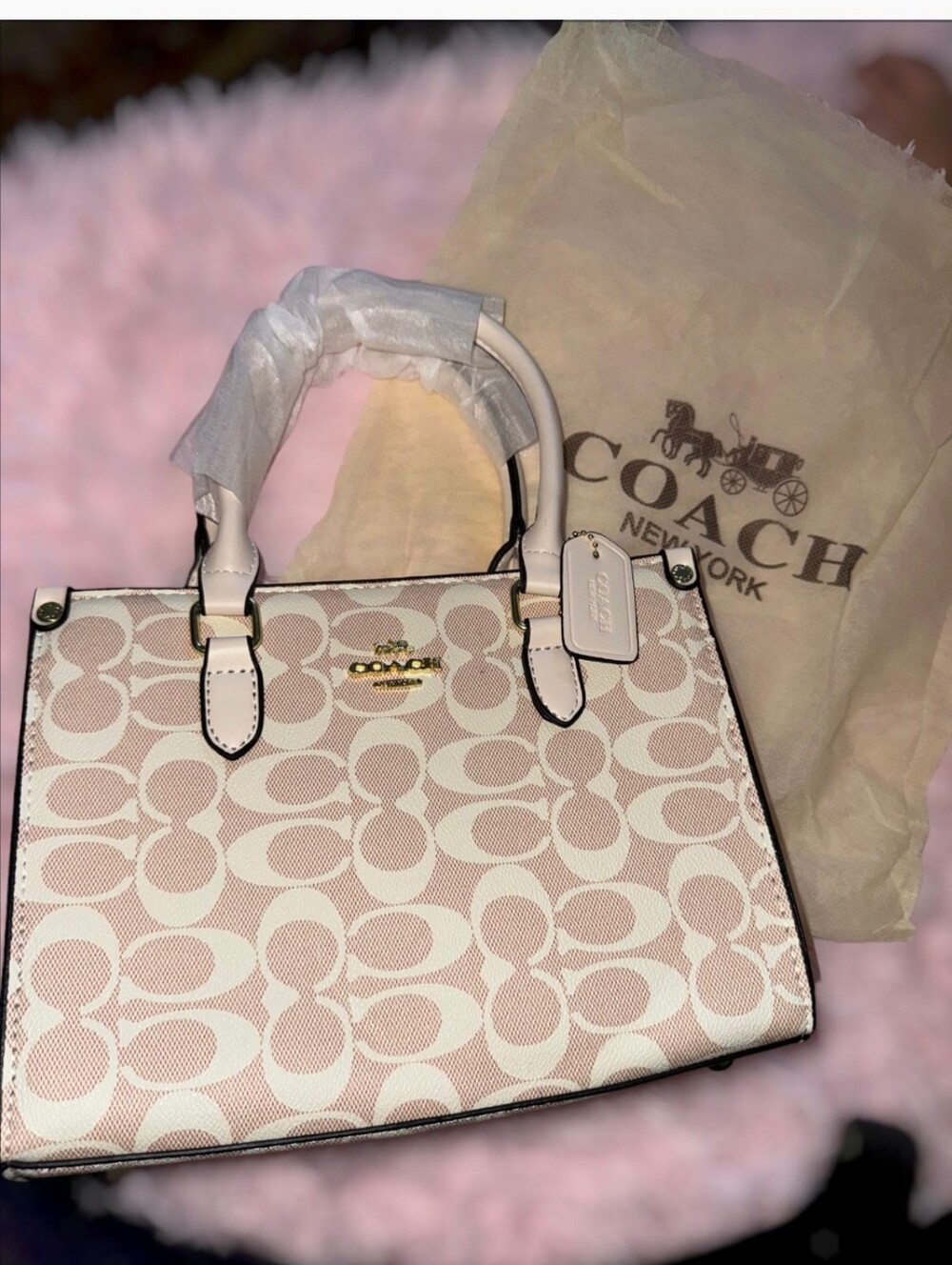 Coach Signature Canvas Tote Bag Pink & Cream Large Shoulder Bag